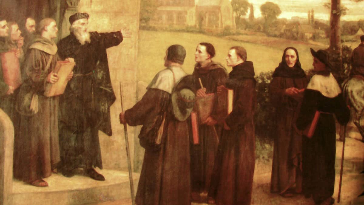 William Frederick Yeames, Wyclif Giving "The Poor Priests" His Translation of the Bible